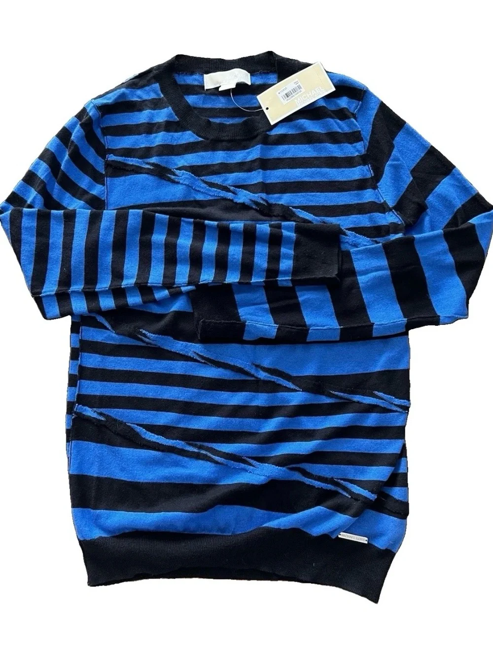 NWT Michael Kors Women’s Blue and Black Striped Crewneck  Lightweight Sweater M